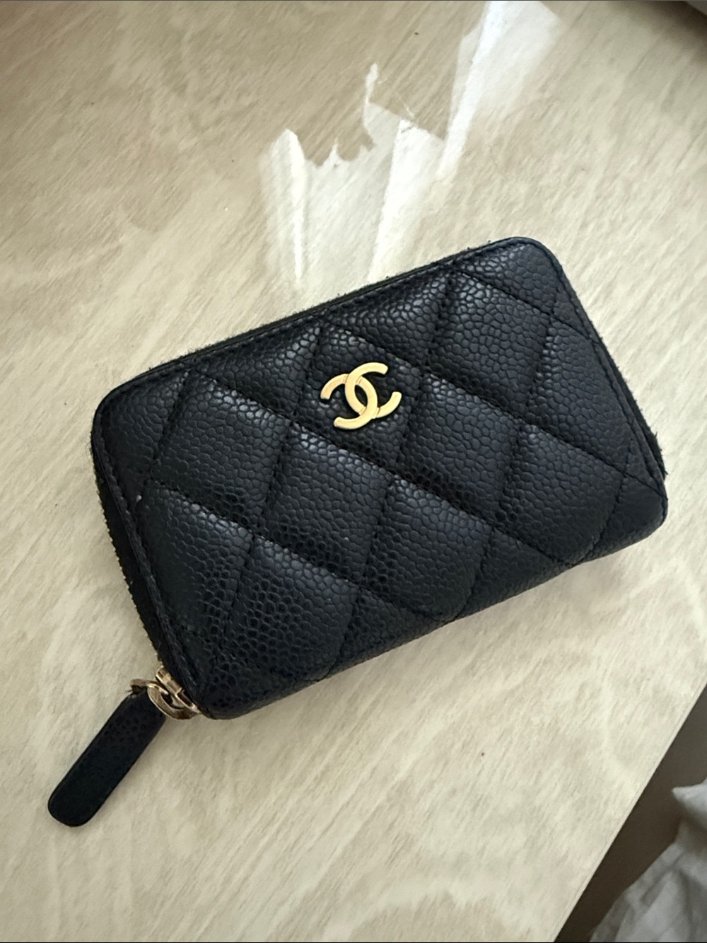 CHANEL Black Quilted Caviar Leather Zip Around Coin Wallet with Gold CC